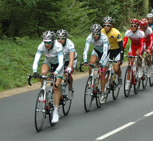 SpiderTech p/b Planet Energy at the front with Boivin in yellow on Stage 2 at Mi AA?Aut Bretagne.[P]Cycle Sport Management Inc.