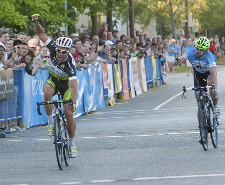Svein Tuft easily out sprints an exhausted Dominik Roels of Germany to win the UBC Grand Prix  Heinz Ruckemann